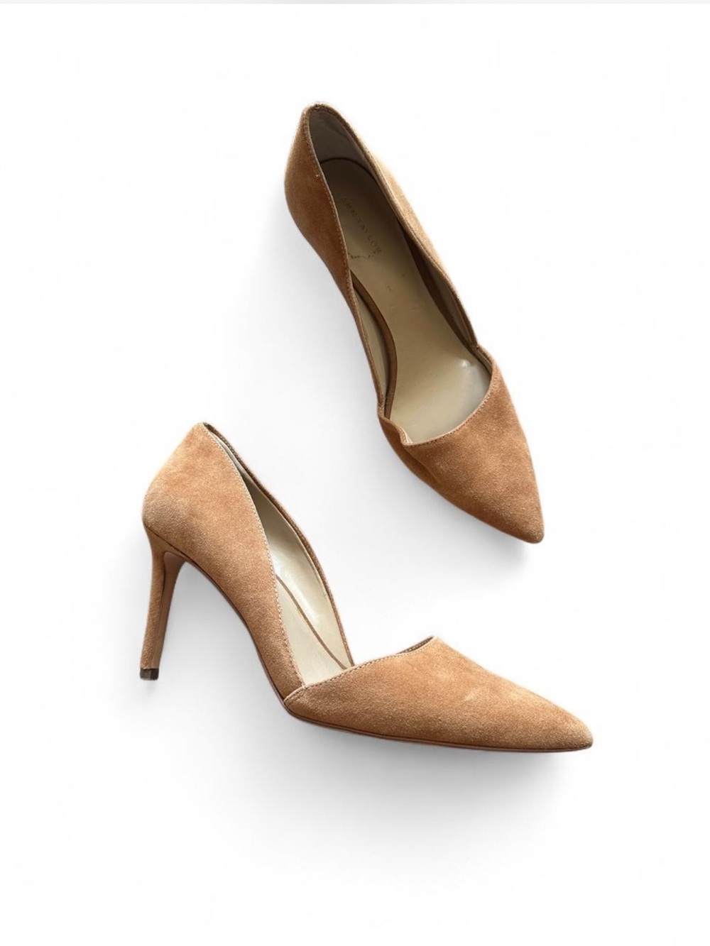 Ann Taylor tan suede pointed toe heels #courts #suede
